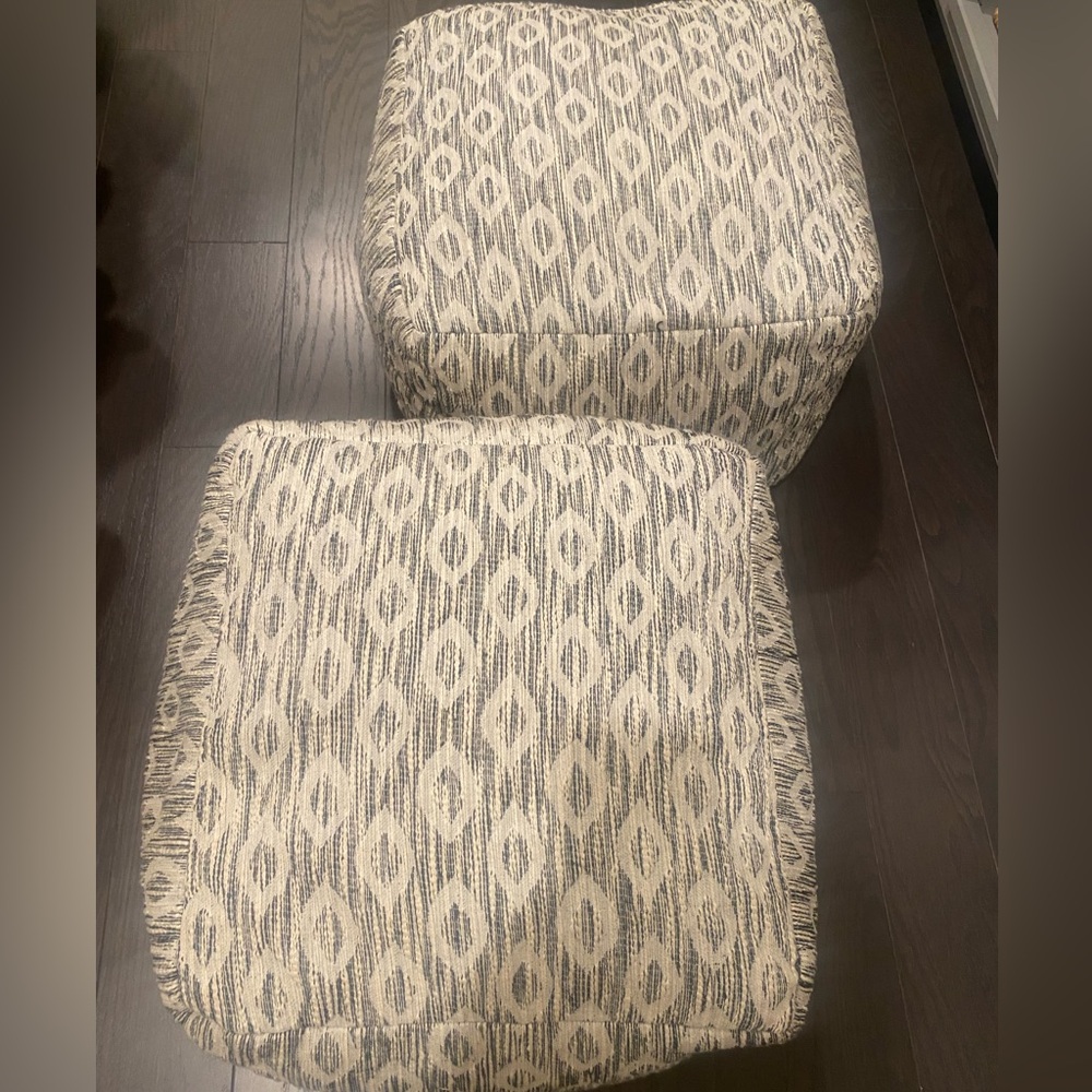 Pair 17” White and Black Diamond Outdoor Indoor  Woven Pouf Ottoman